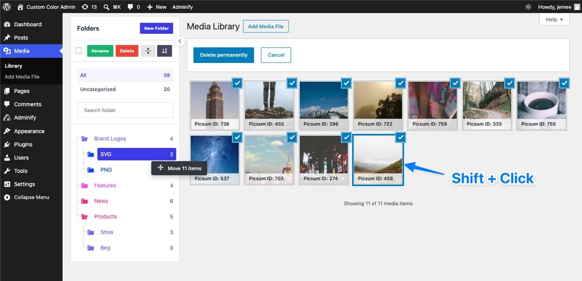 Shift-clicking the last image in the WordPress Media Library grid to select all eleven, then dragging them onto the SVG subfolder with a Move 11 items tooltip