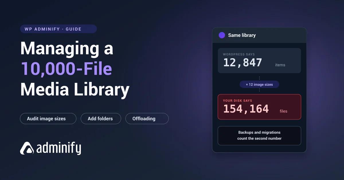 Managing a large WordPress media library — 12,847 items reported by WordPress versus 154,164 files actually on disk once every registered image size is counted