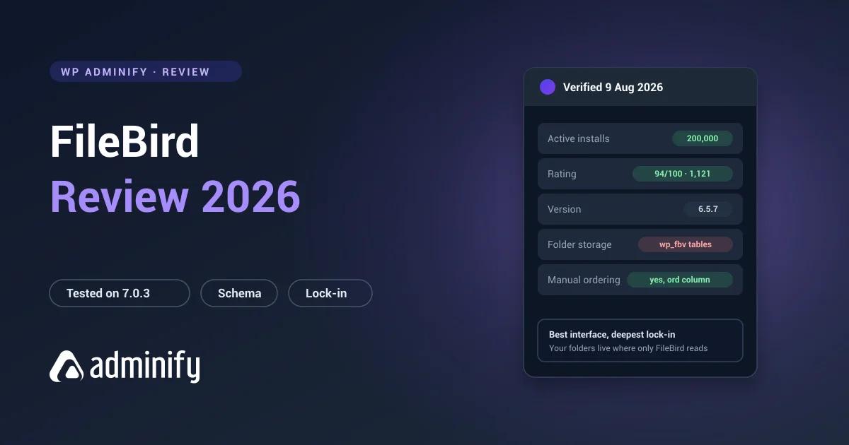 FileBird review scorecard - 200,000 installs, 94/100 rating, and folders stored in proprietary wp_fbv tables