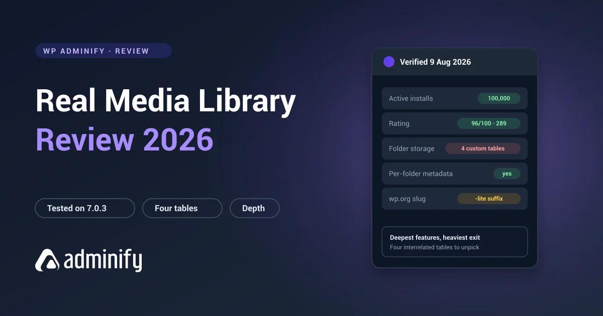 Real Media Library review scorecard - 100,000 installs, 96/100 rating, and folders spread across four custom tables