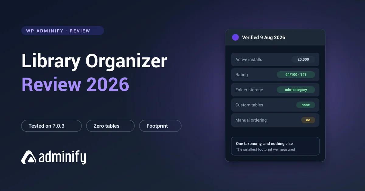 Media Library Organizer review scorecard - 20,000 installs, 94/100 rating, one taxonomy and zero custom tables