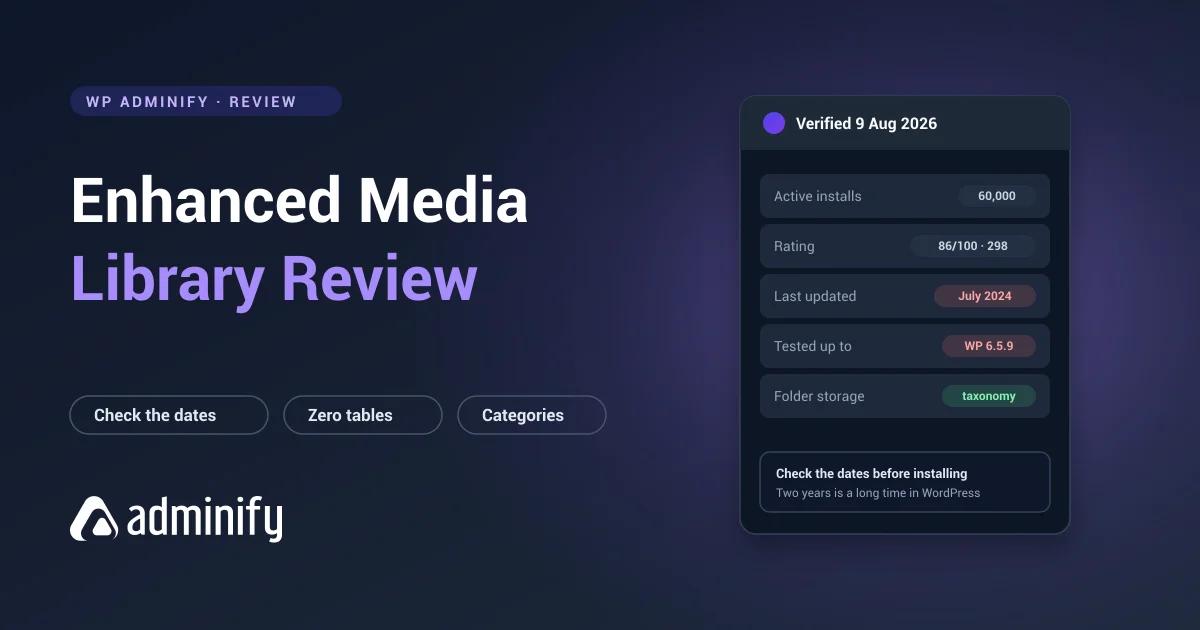 Enhanced Media Library review scorecard - 60,000 installs, last updated July 2024 and tested only to WordPress 6.5.9