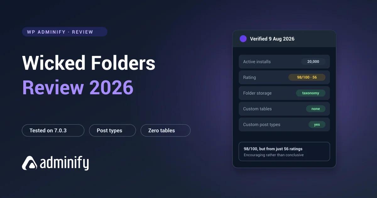 Wicked Folders review scorecard - 20,000 installs, 98 out of 100 from only 56 ratings, taxonomy storage across every post type