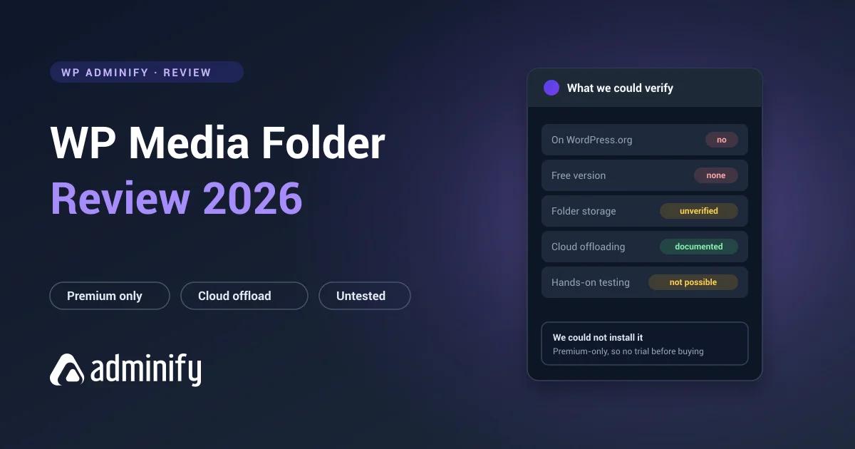 WP Media Folder review scorecard - premium only, absent from WordPress.org, with an unverified folder storage model