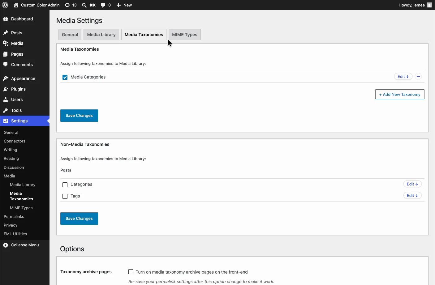 Enhanced Media Library MIME Types editor showing per-type labels and allow-upload toggles inside WordPress Media Settings