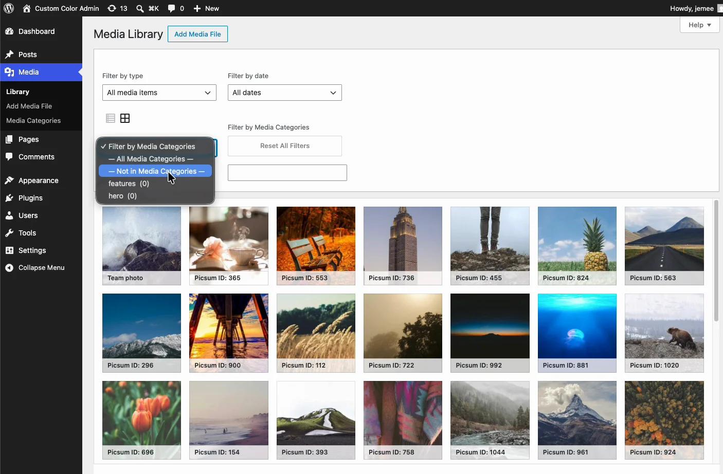 Enhanced Media Library category filter dropdown open above the WordPress Media Library grid