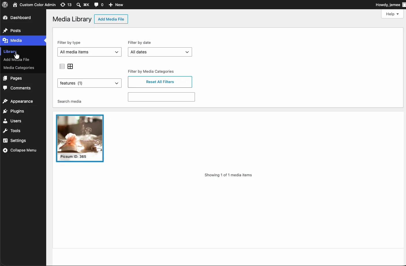 WordPress Media Library filtered to one Enhanced Media Library category, showing a single matching image