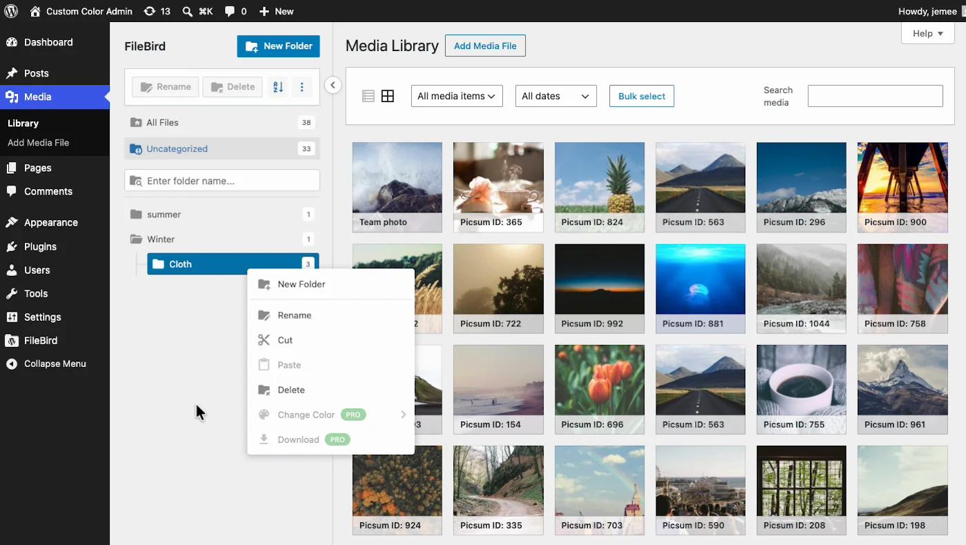 FileBird Lite folder tree in the WordPress Media Library with a nested subfolder and the right-click context menu open