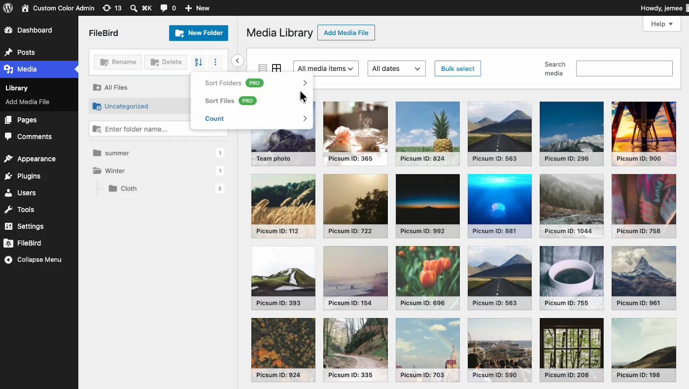 FileBird Lite sorting menu showing Sort Folders and Sort Files marked as Pro features