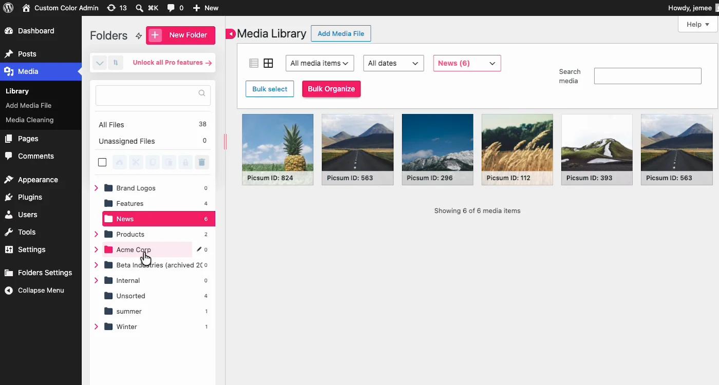 Folders by Premio filtering the WordPress Media Library to a single folder, with the folder tree and Bulk Organize button visible