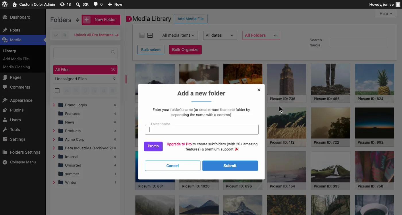 Folders by Premio add-a-new-folder modal showing the Pro tip that subfolders require upgrading to Pro