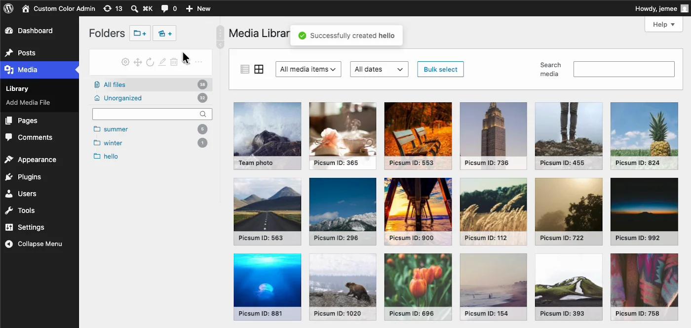 Real Media Library Lite showing an inline folder creation with a success toast in the WordPress Media Library