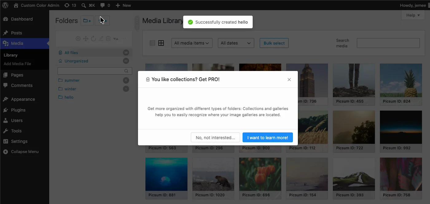 Real Media Library Lite popup reading You like collections? Get PRO! over the media library