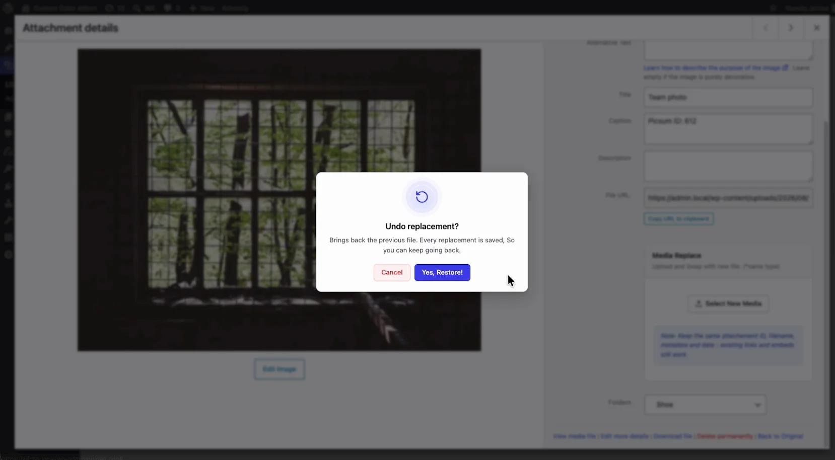 WP Adminify undo replacement dialog offering to restore the previous version of a replaced media file