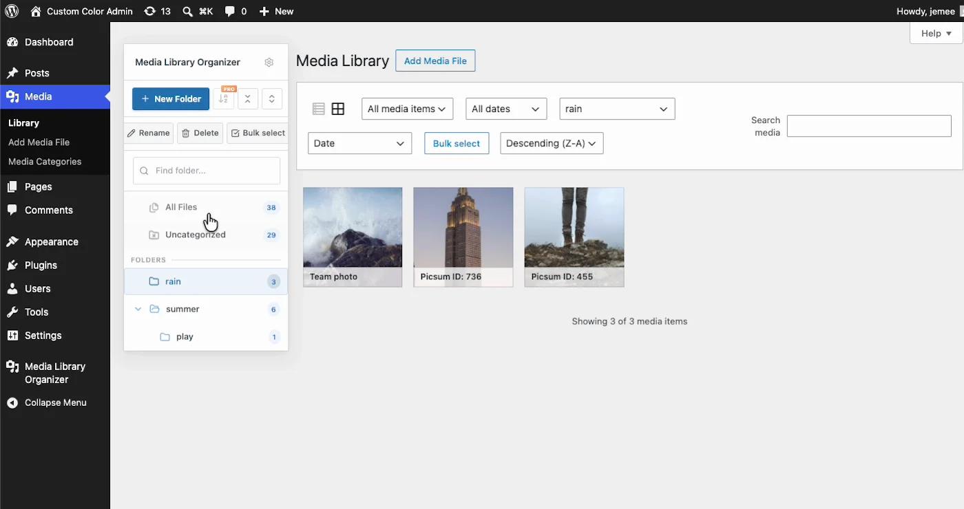 Media Library Organizer folder sidebar with a nested subfolder, folder filter and sort dropdowns in the WordPress Media Library