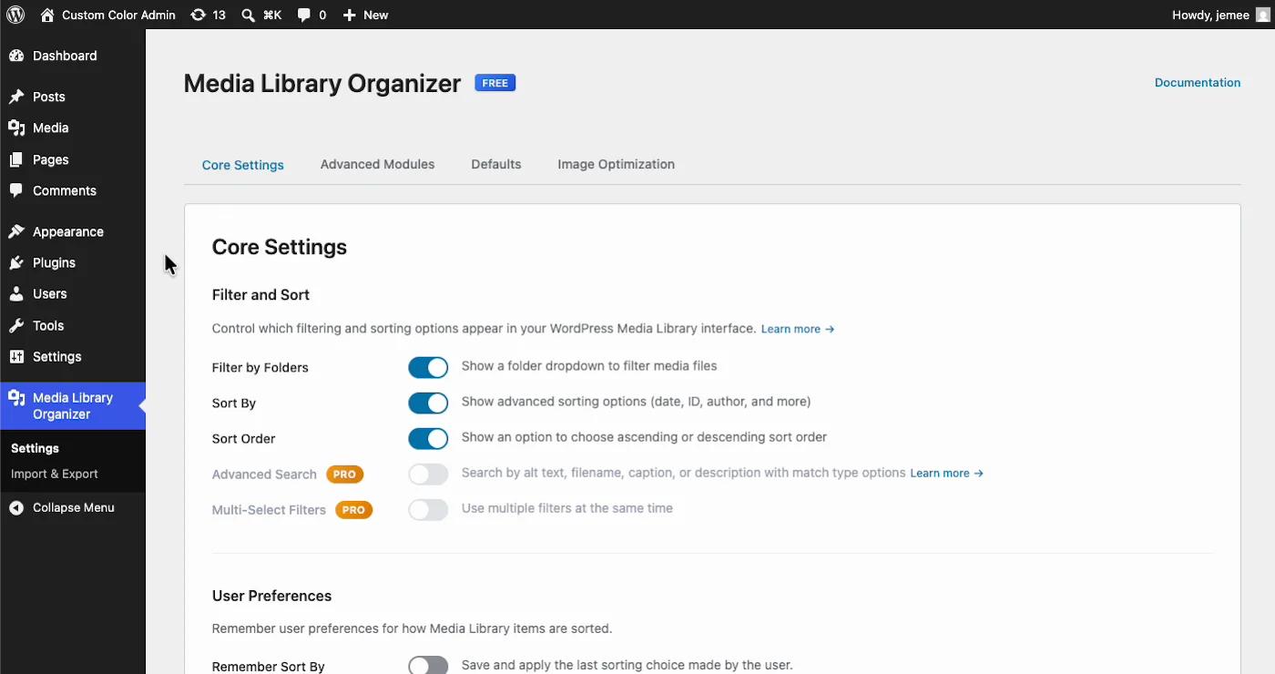 Media Library Organizer core settings showing Advanced Search and Multi-Select Filters marked as Pro features