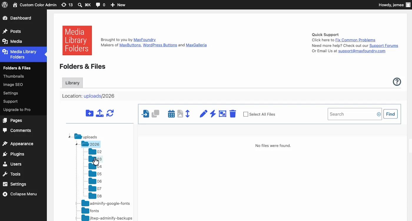 Media Library Folders showing its own Folders and Files admin page with the real wp-content/uploads directory tree including plugin folders