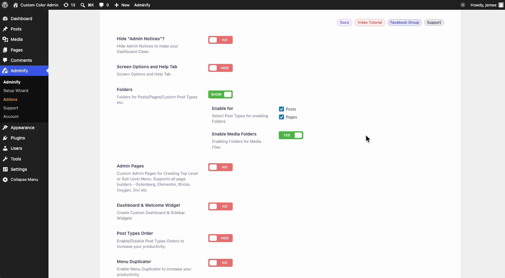 WP Adminify folder settings showing media folders enabled and post type selection for content folders in the free version