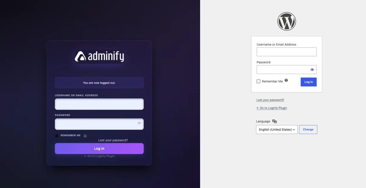 Default WordPress login form on the left beside the same form restyled with custom CSS on wp-login.php on the right