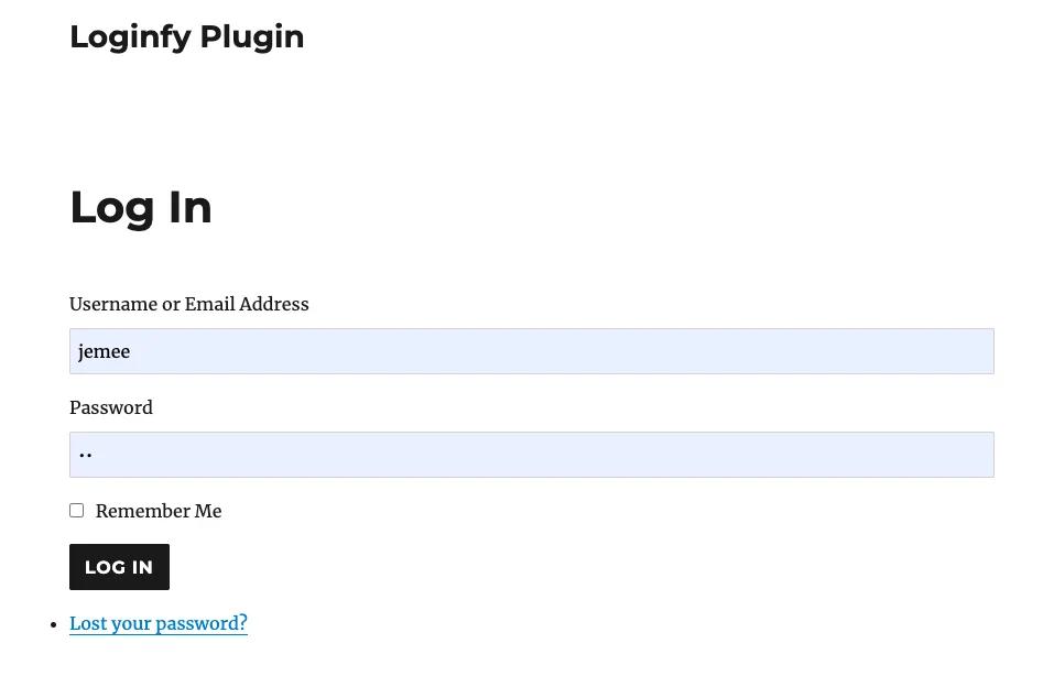 Custom WordPress login form rendered on a front-end page through a shortcode, inside the active theme with the site header and footer visible
