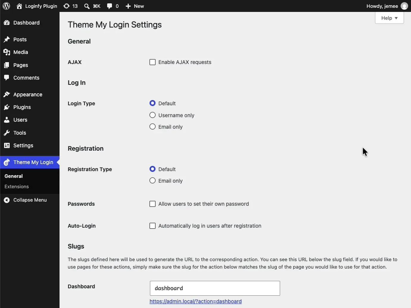 Theme My Login settings showing Registration Type, Passwords and Auto-Login options