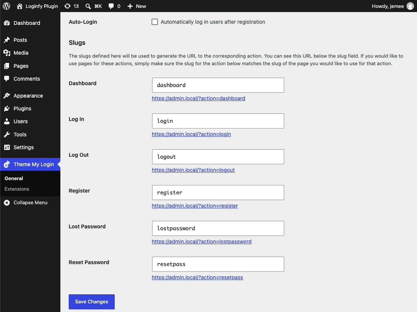 Theme My Login action slugs for register, lost password and reset password with their generated URLs