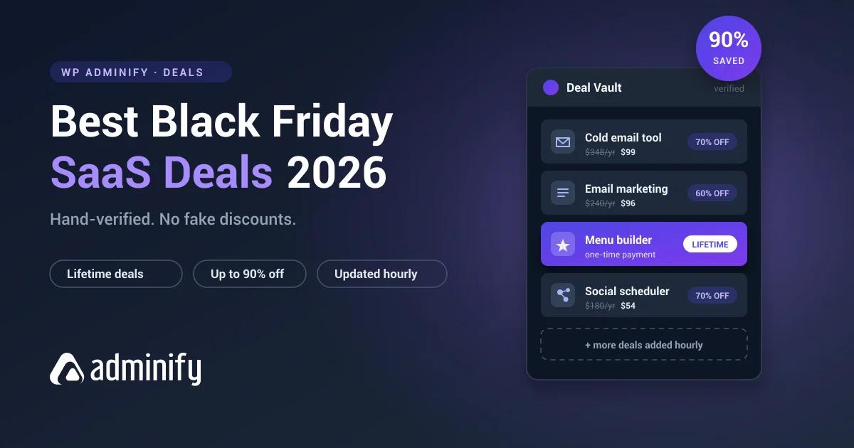 Best Black Friday SaaS Deals 2026 featured image showing a verified deal list with discount badges and a lifetime license highlight