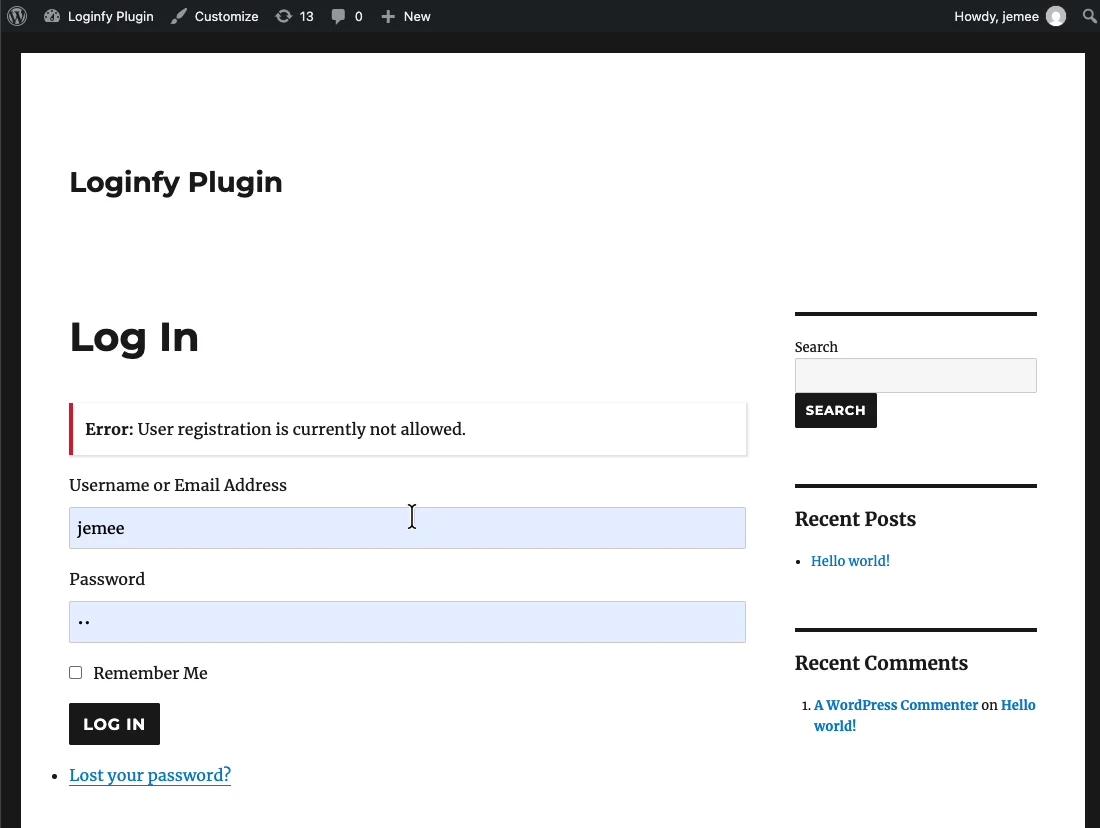 Theme My Login front-end login page displaying the error message User registration is currently not allowed