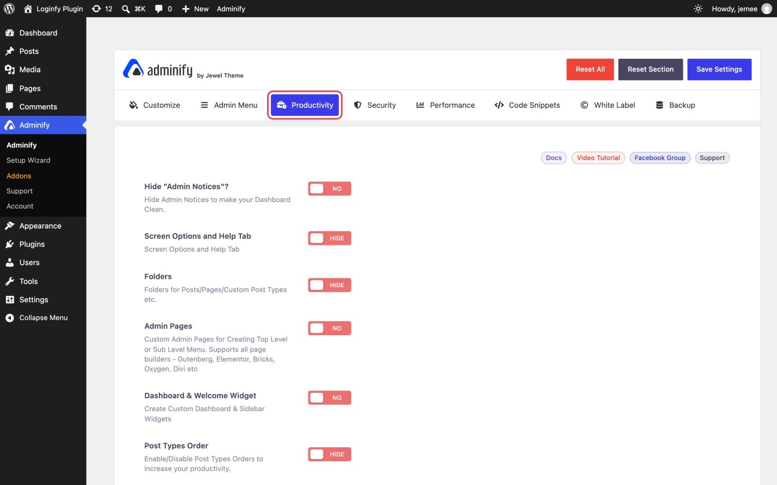 WP Adminify settings page with the Productivity tab selected