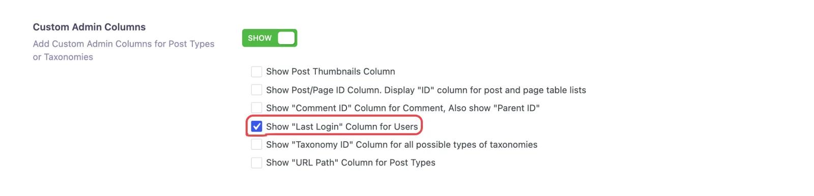 Show Last Login Column for Users checkbox in WP Adminify Custom Admin Columns