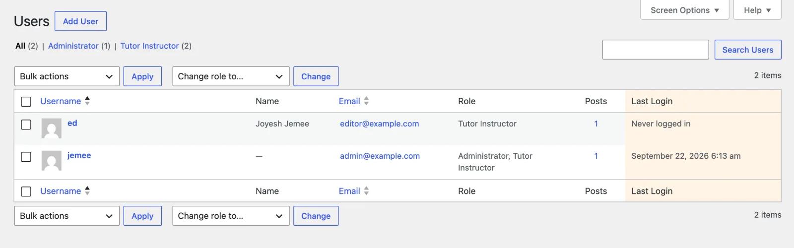 WordPress users list with the WP Adminify Last Login column showing the date and Never logged in