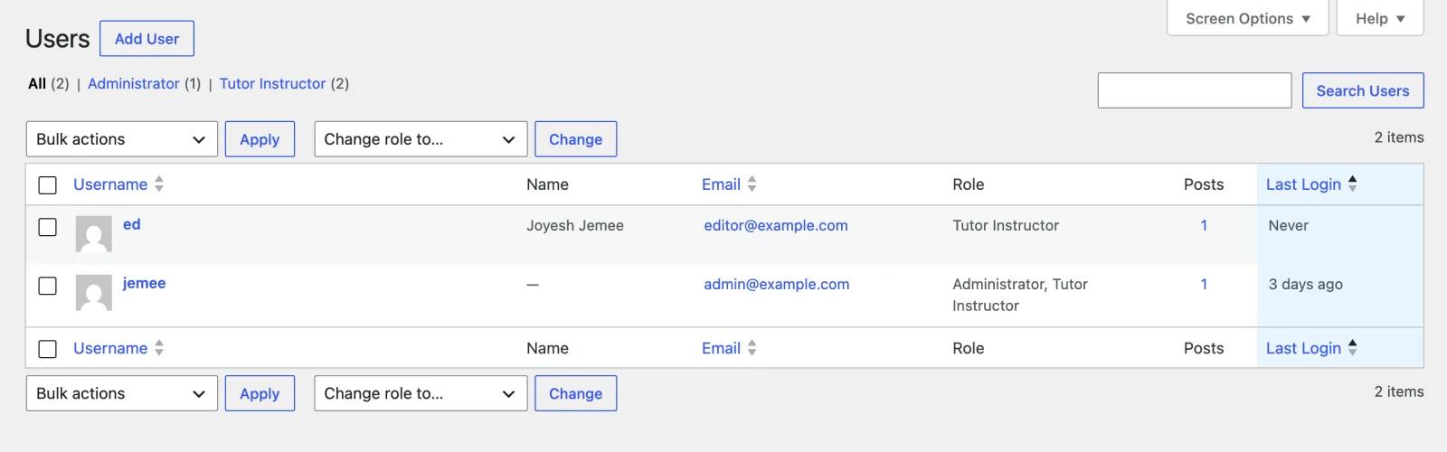 Sortable Last Login column added with code, showing Never and 3 days ago