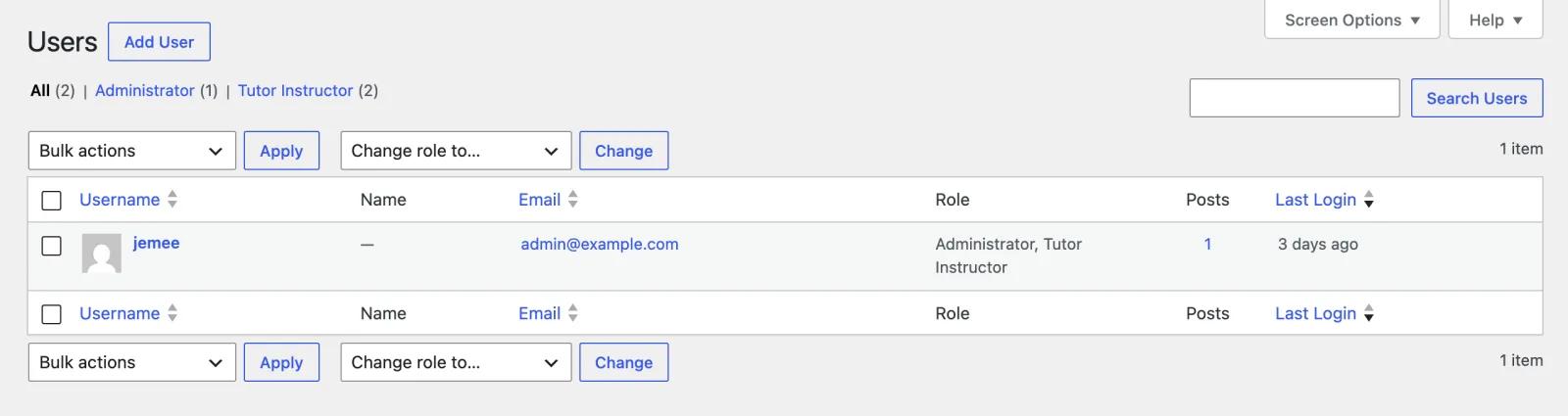 Users list sorted with the common last login snippet showing only 1 of 2 users