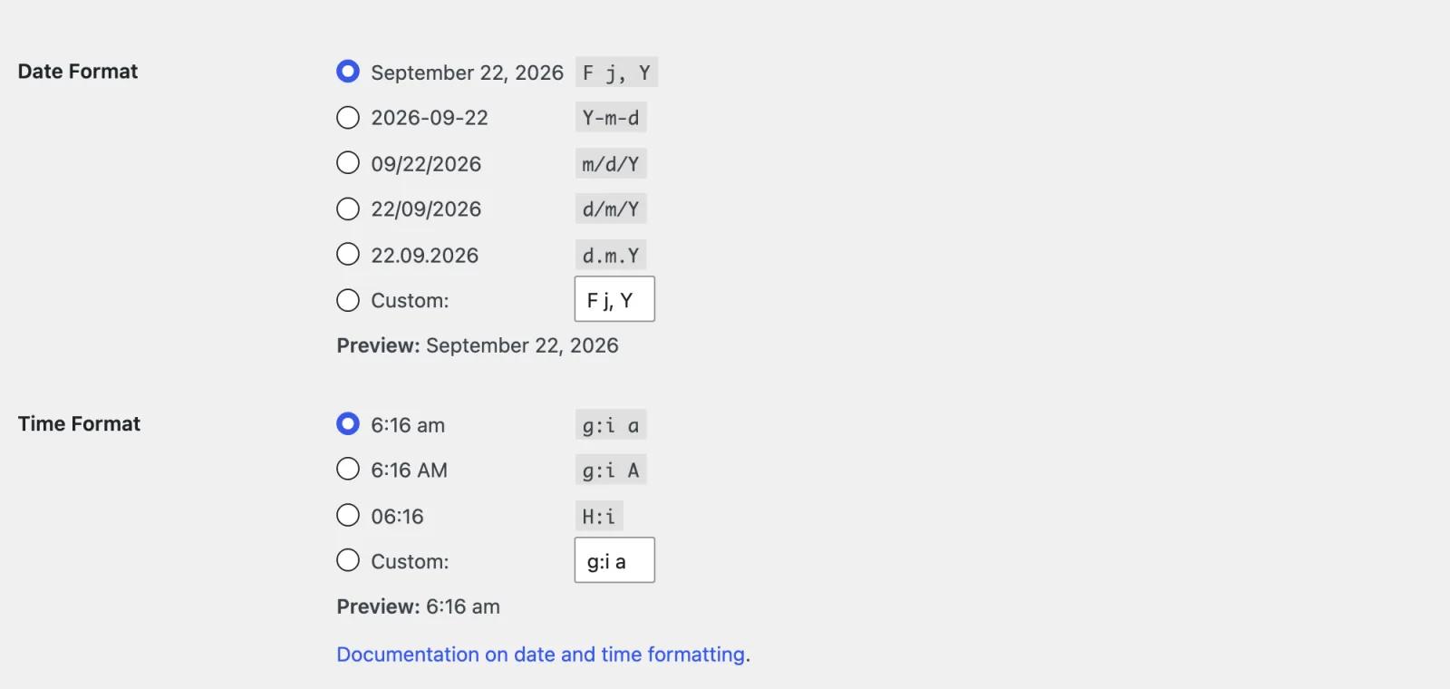 WordPress Settings General date format and time format options