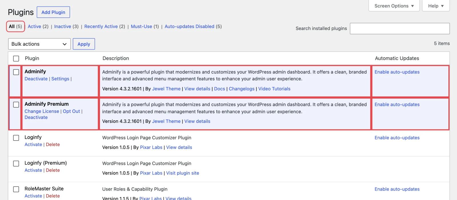WordPress Plugins screen before hiding plugins, showing All (5) with WP Adminify and WP Adminify Premium