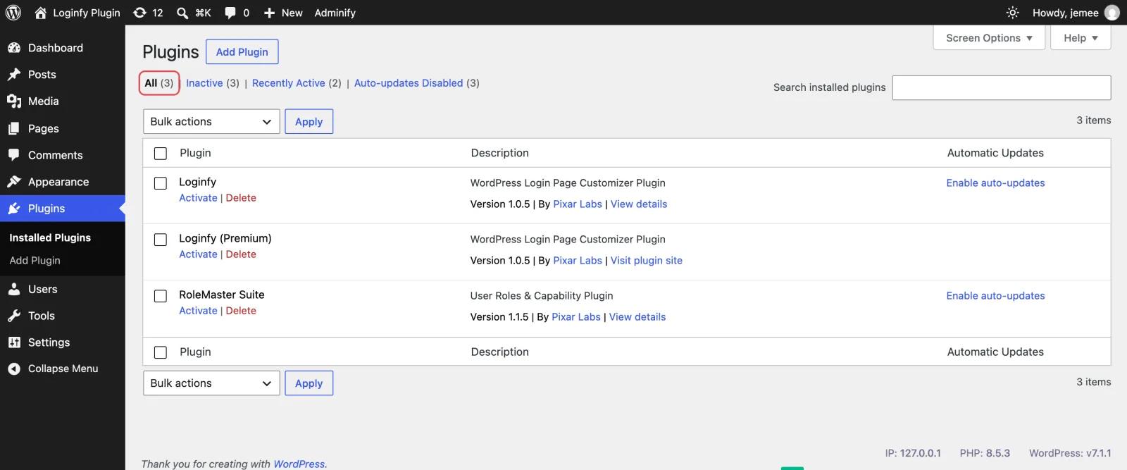 WordPress Plugins screen after hiding plugins with the all_plugins filter, showing All (3) and no Active tab