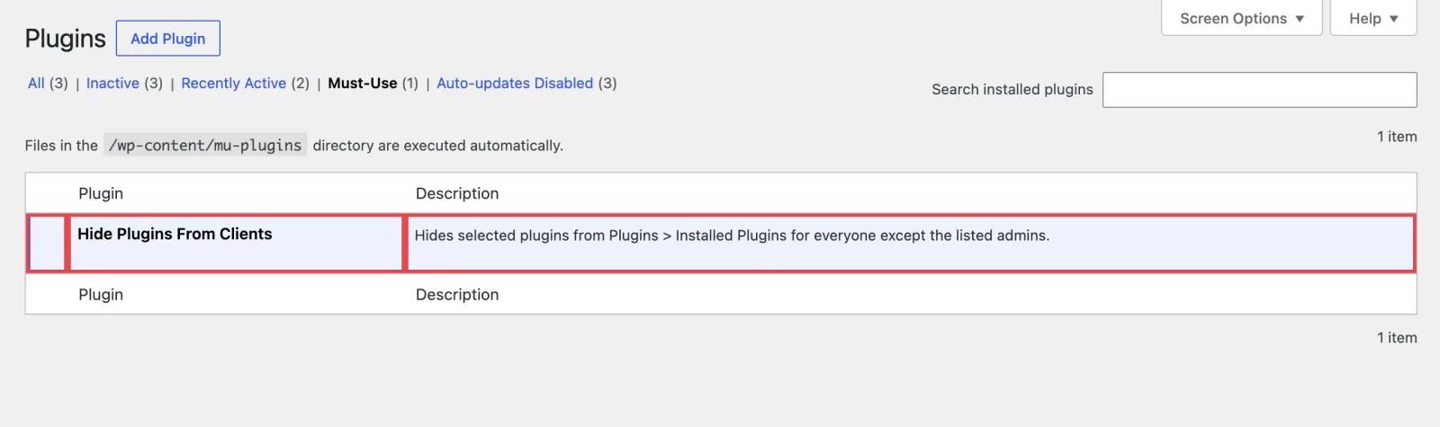 Must-Use tab on the WordPress Plugins screen listing the Hide Plugins From Clients mu-plugin