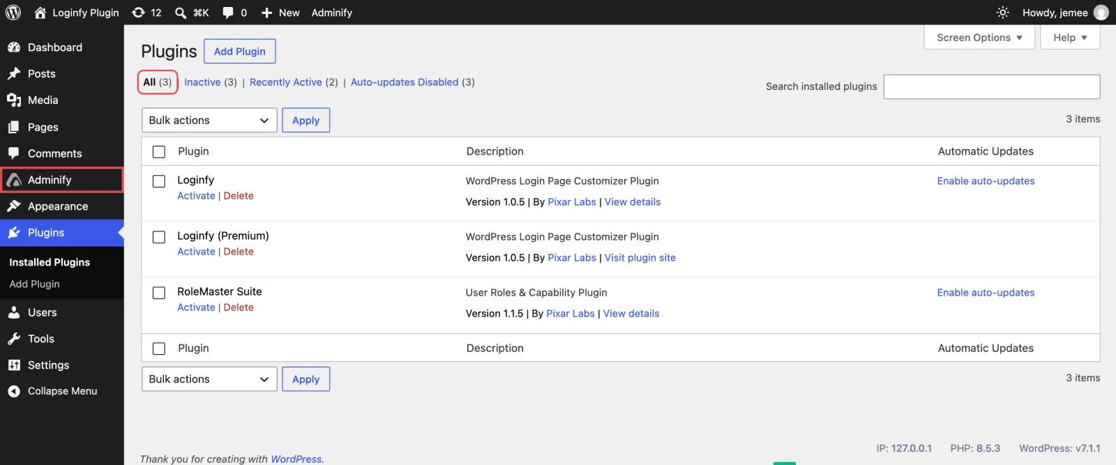 Plugins list with WP Adminify hidden while the Adminify admin menu item is still visible in the sidebar