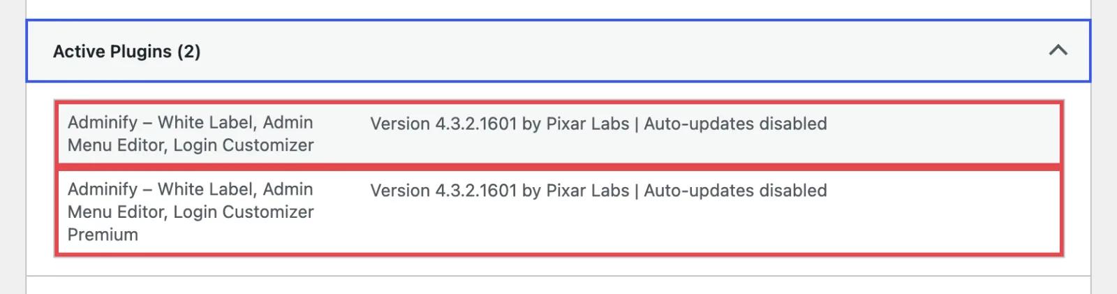 Site Health Info Active Plugins section still listing the hidden WP Adminify plugins