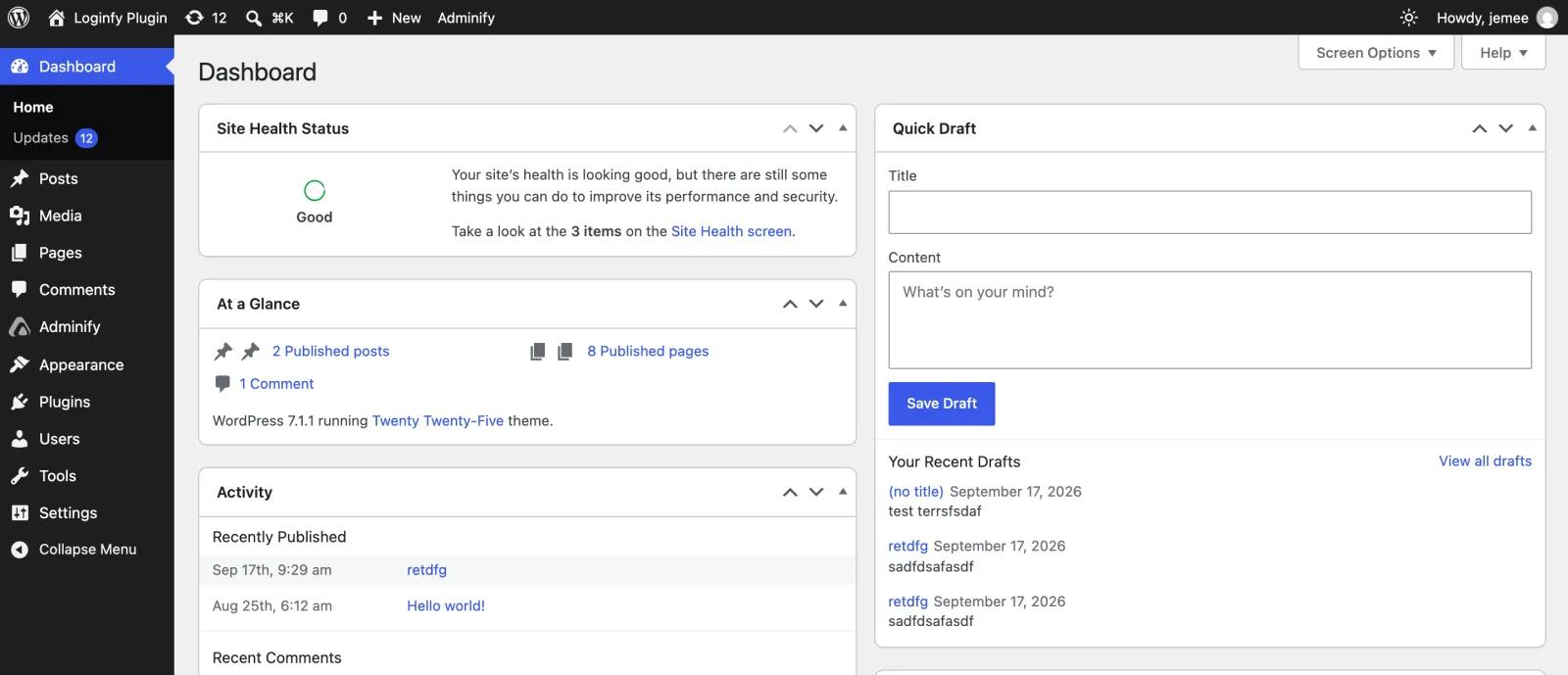 Default WordPress 7.1 dashboard using the system font stack