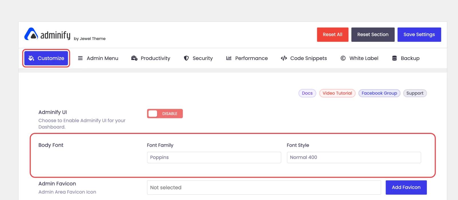 WP Adminify Customize tab with the Body Font option set to Poppins, Normal 400