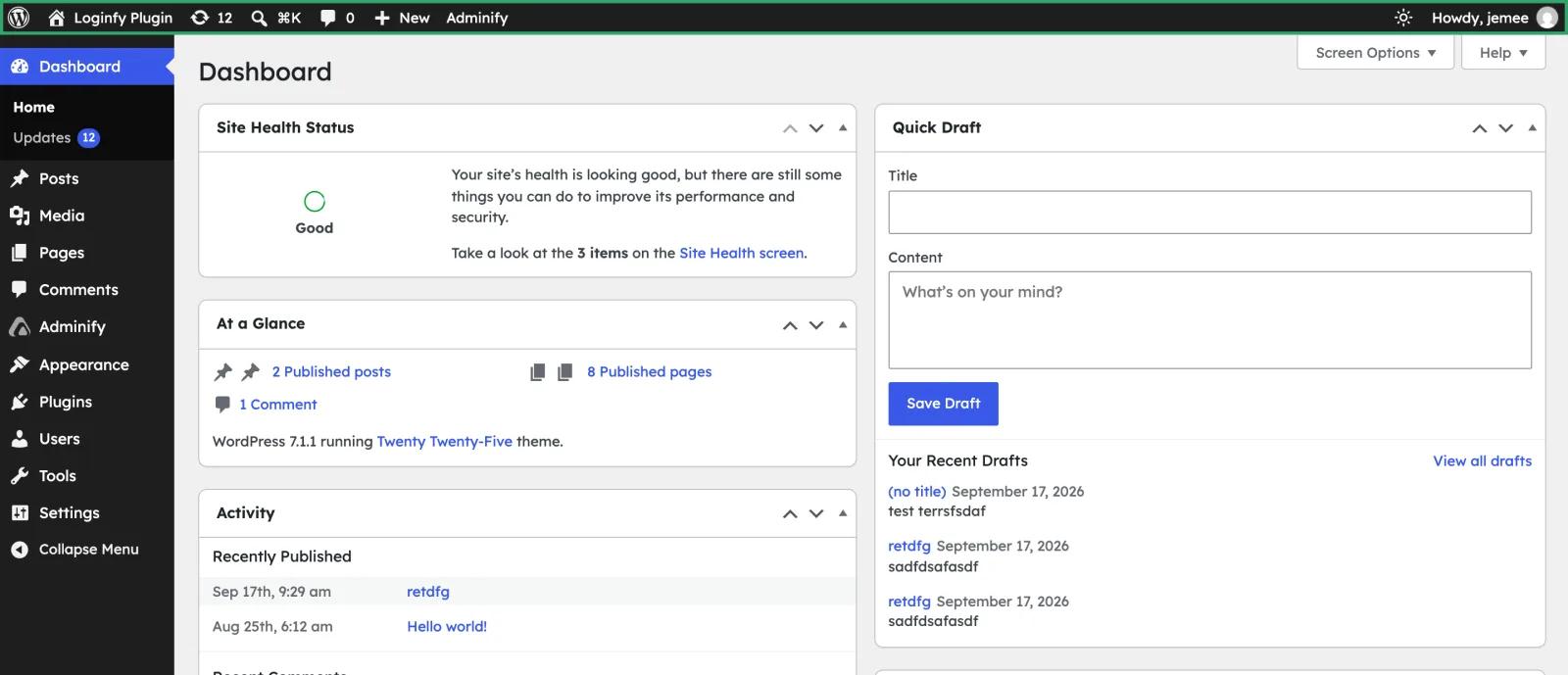 WordPress dashboard using the Lexend font through the custom admin font must-use plugin, including the admin bar