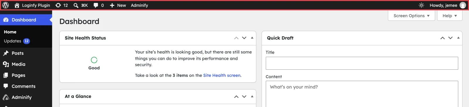 Old admin font snippet applied: the dashboard uses the new font but the admin bar still shows the system font