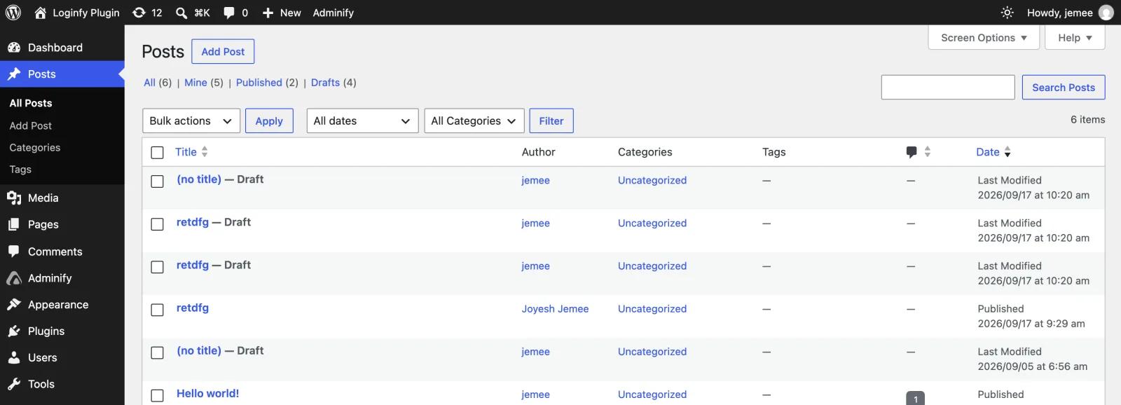 WordPress Posts list at the default admin font size