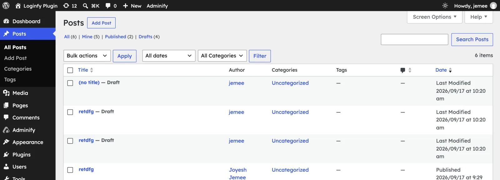 WordPress Posts list with a larger 15px admin font size from the CSS snippet