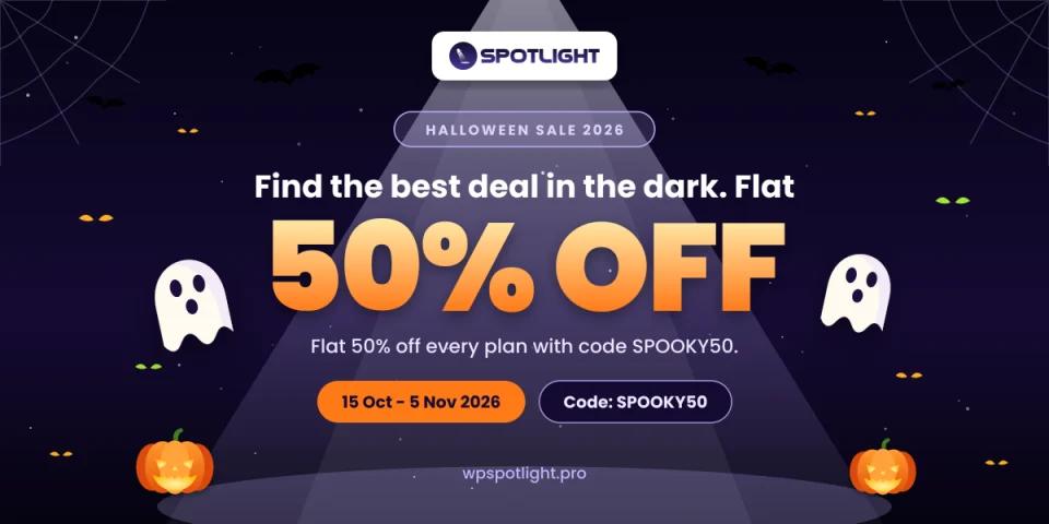 WP Spotlight Halloween Sale 2026, flat 50% off
