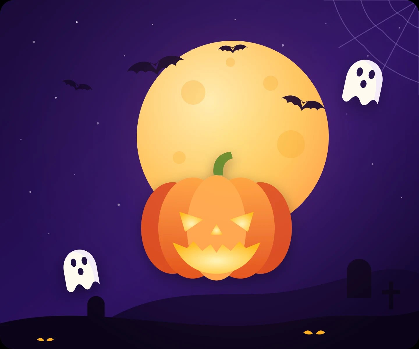 Halloween illustration: full moon, jack-o-lantern, ghosts and bats