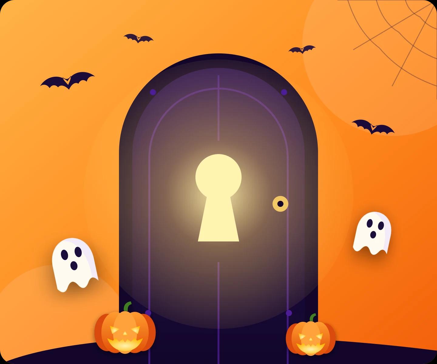 Loginfy Halloween 2026 artwork: a locked arched door with a glowing keyhole, ghosts, bats and pumpkins