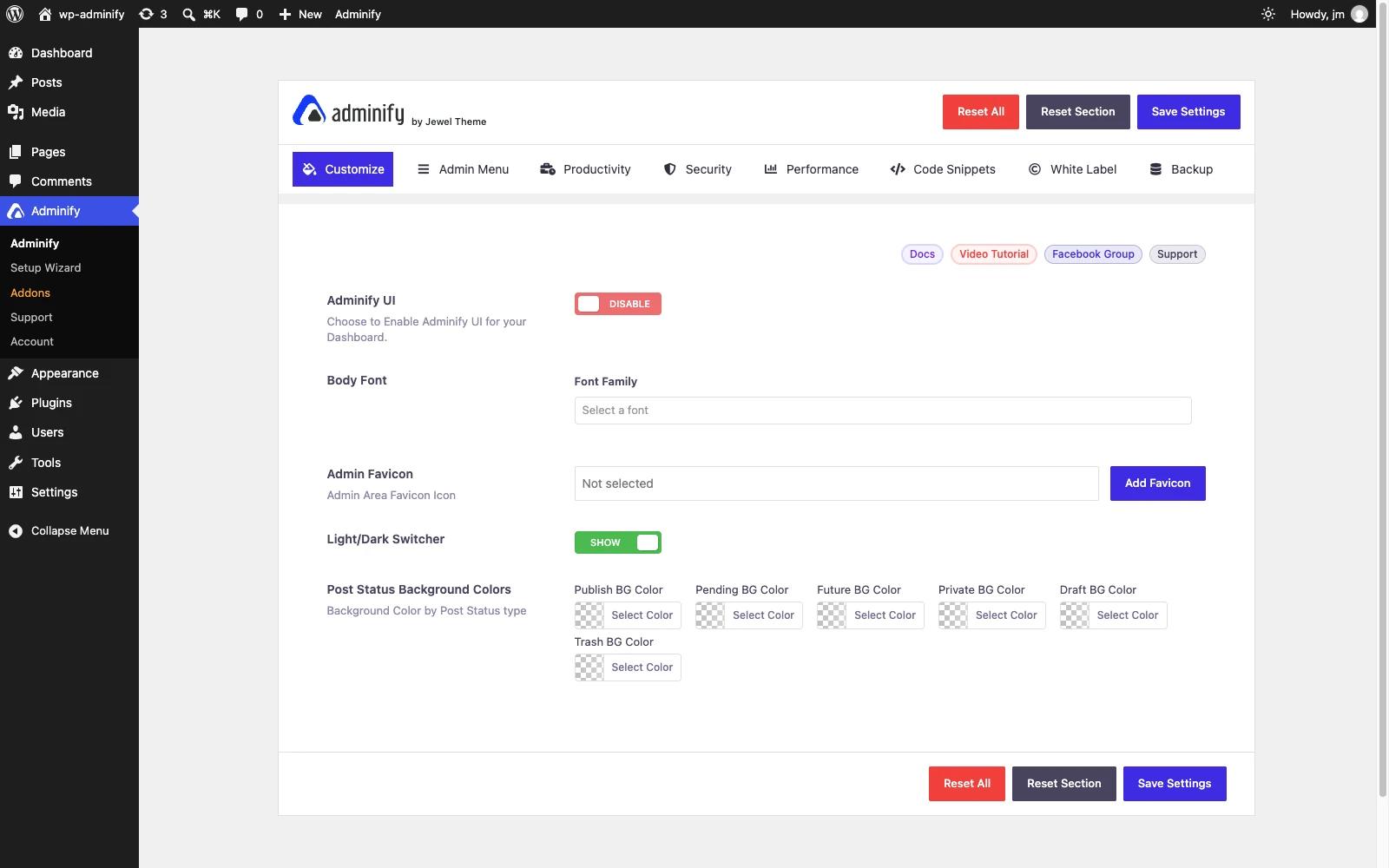 The Adminify 4.3.2 settings screen with eight tabs across the top for Customize, Admin Menu, Productivity, Security, Performance, Code Snippets, White Label and Backup, and a long form of individual options below with Save Settings and Reset All buttons