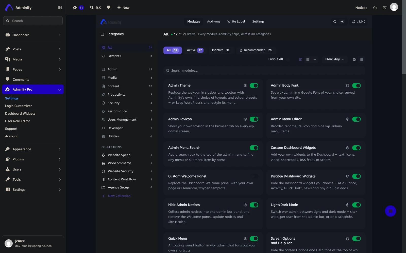 The WP Adminify V5 module browser in dark mode, with dark surfaces behind the module cards, green active toggles on twelve enabled modules, and the Adminify admin sidebar on the left also in dark mode